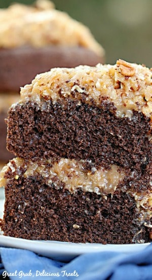 German Chocolate Cake is a moist and delicious chocolate double layer cake with a coconut pecan frosting