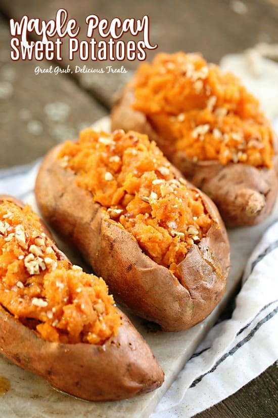 Maple Pecan Sweet Potatoes are twice baked, filled with brown sugar, cinnamon, nutmeg, maple syrup and chopped pecans. Maple Pecan Sweet Potatoes are twice baked, filled with brown sugar, cinnamon, nutmeg, maple syrup and chopped pecans.