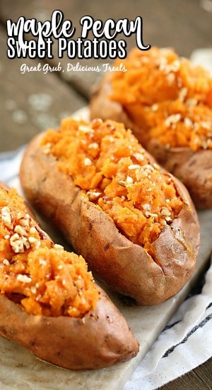 Maple Pecan Sweet Potatoes are a great addition to the holiday menu. These are deliciously flavored and twice baked.