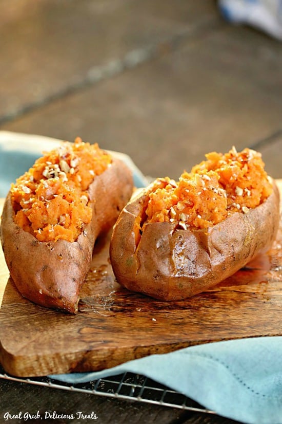 These Maple Pecan Sweet Potatoes are twice baked and packed with just enough sweetness and crunch.