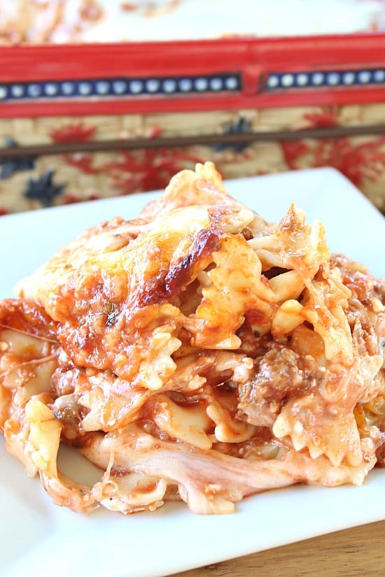 Bow Tie Pasta Lasagna - A delicious, cheesy, meaty recipe that is a family favorite. Bow Tie Pasta Lasagna