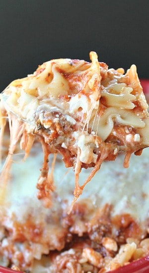 Bow Tie Pasta Lasagna is full of gooey cheese, deliciously seasoned meat and a tasty sauce, then mixed with Farfalle bow tie pasta. Scrumptious! Bow Tie Pasta Lasagna