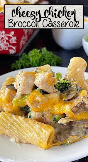 Chicken Broccoli Casserole is a simple and delicious recipe that is made with seasoned chicken, lots of cheese, broccoli florets, and mixed with a creamy mushroom sauce. A white plate with chicken and broccoli casserole, pasta noodles, melted cheese, and mushroom sauce on it.
