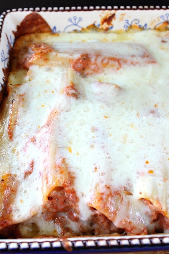 Lasagna Stuffed Manicotti A baking dish filled with Lasagna Stuffed Manicotti.