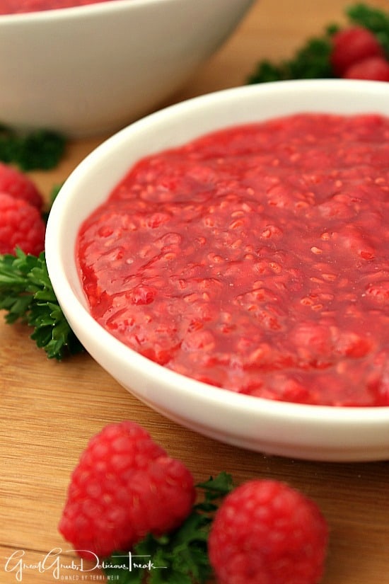 Raspberry Topping is a fruit sauce perfect for topping cheesecakes and for adding to crepes Raspberry Topping