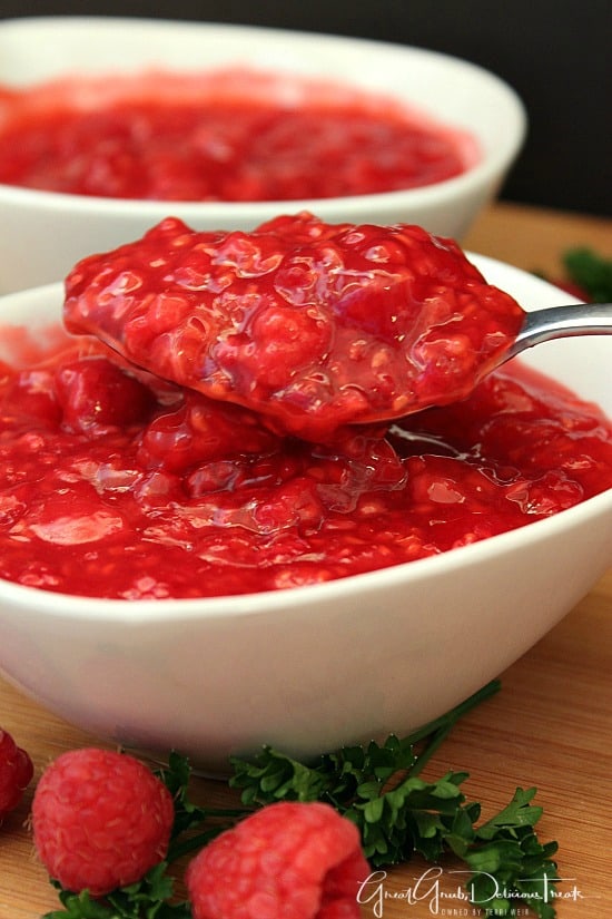 Raspberry Topping is brusting with raspberries and is a delicious topping for pancakes and other breakfast foods. Raspberry Sauce