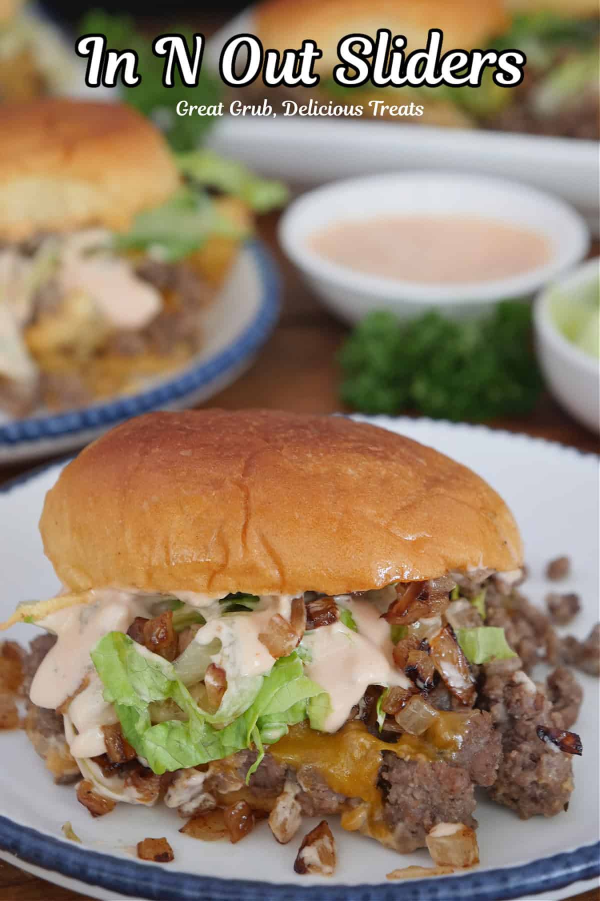 A white round plate with blue trim with a In N Out slider on it with a title overlay at the top.