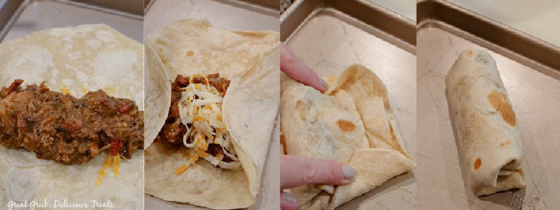 In process shots of how to fold a burrito. 4 pictures showing how to fold a burrito.