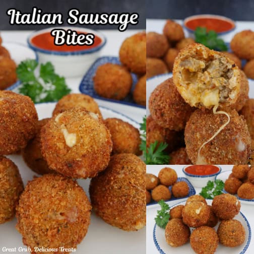 A three collage photo of Italian sausage bites with the title of the recipe in text at the top.