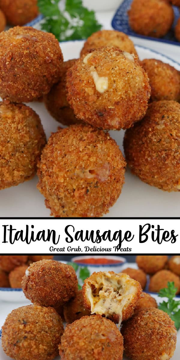 A double collage photo of Italian sausage bites with the title intext between the two photos.