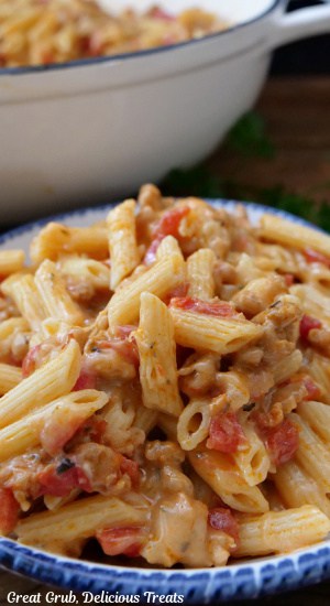 A serving of pasta in a white bowl with blue trim.