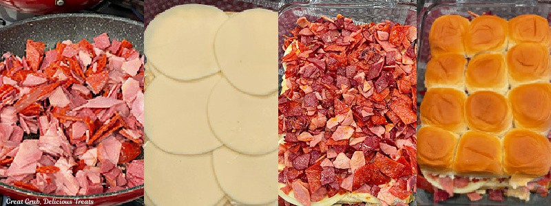 Four small photos of the process of cooking the meat, layering the cheese, and topping the sliders.