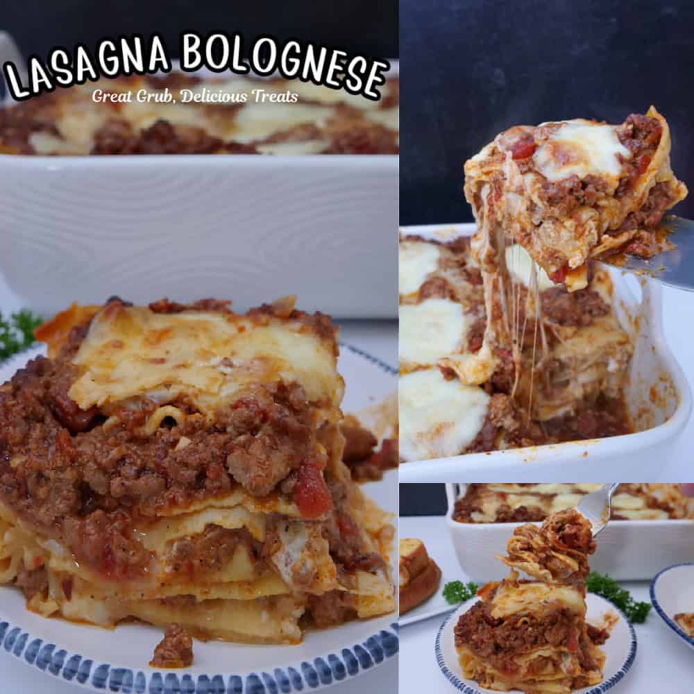 Three photos in a collage of lasagna bolognese with the title overlay at the top.
