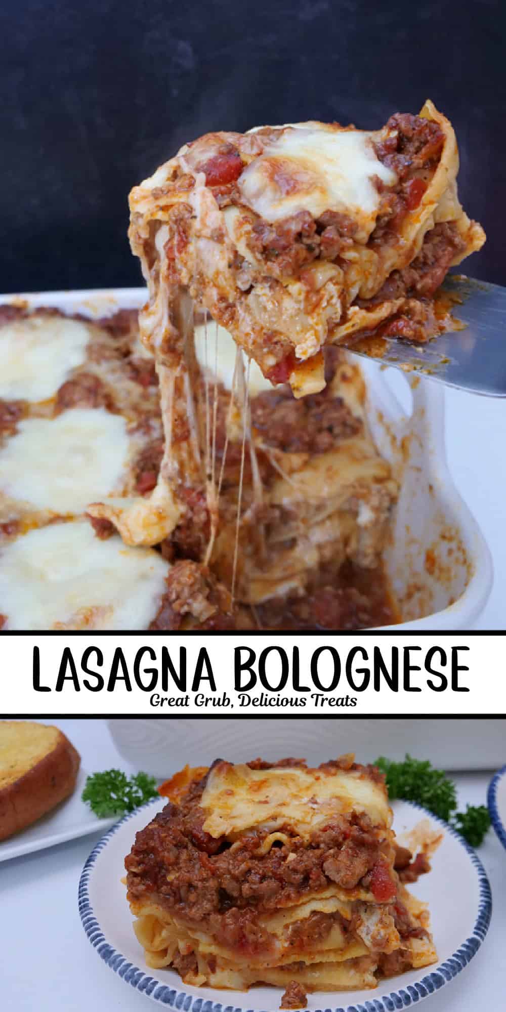 Two photos of lasagna bolognese with the title overlay in the center.