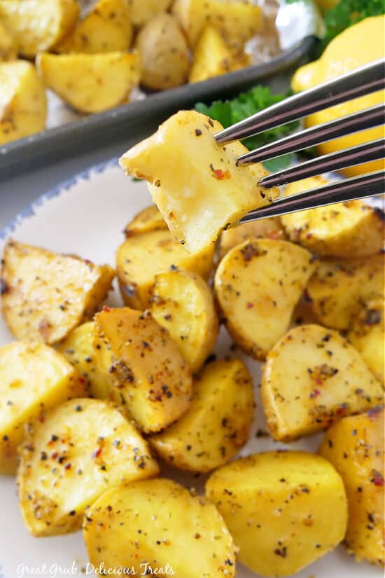 A fork with a potato piece on it with a bite taken out of the potato.