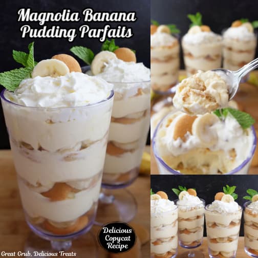 A three collage photo of banana parfaits.