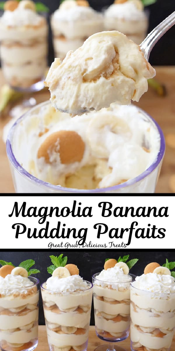 A double collage photo of banana parfaits.