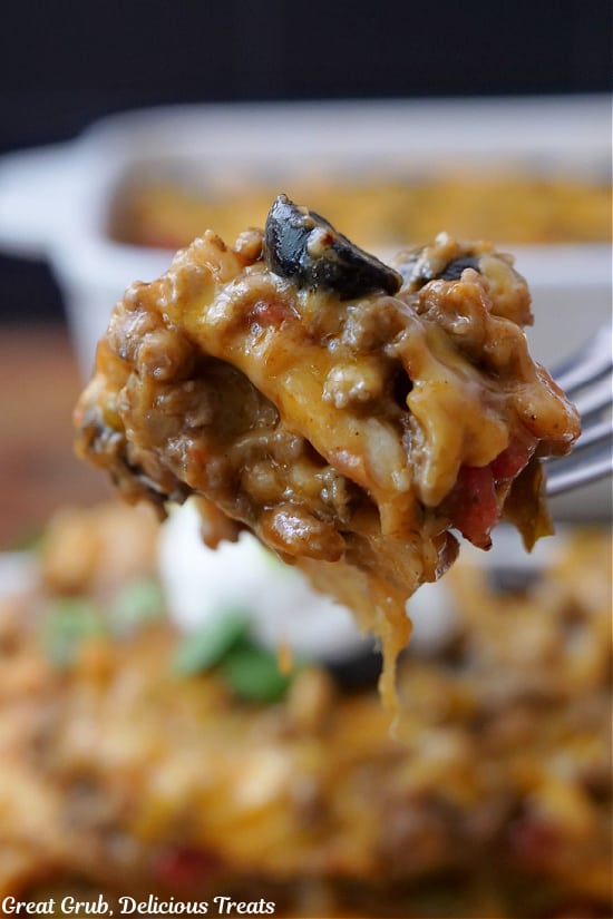 A close up bite of Mexican lasagna.