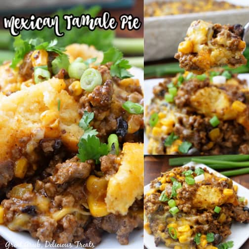 A three photo collage of tamale pie on a white plate.