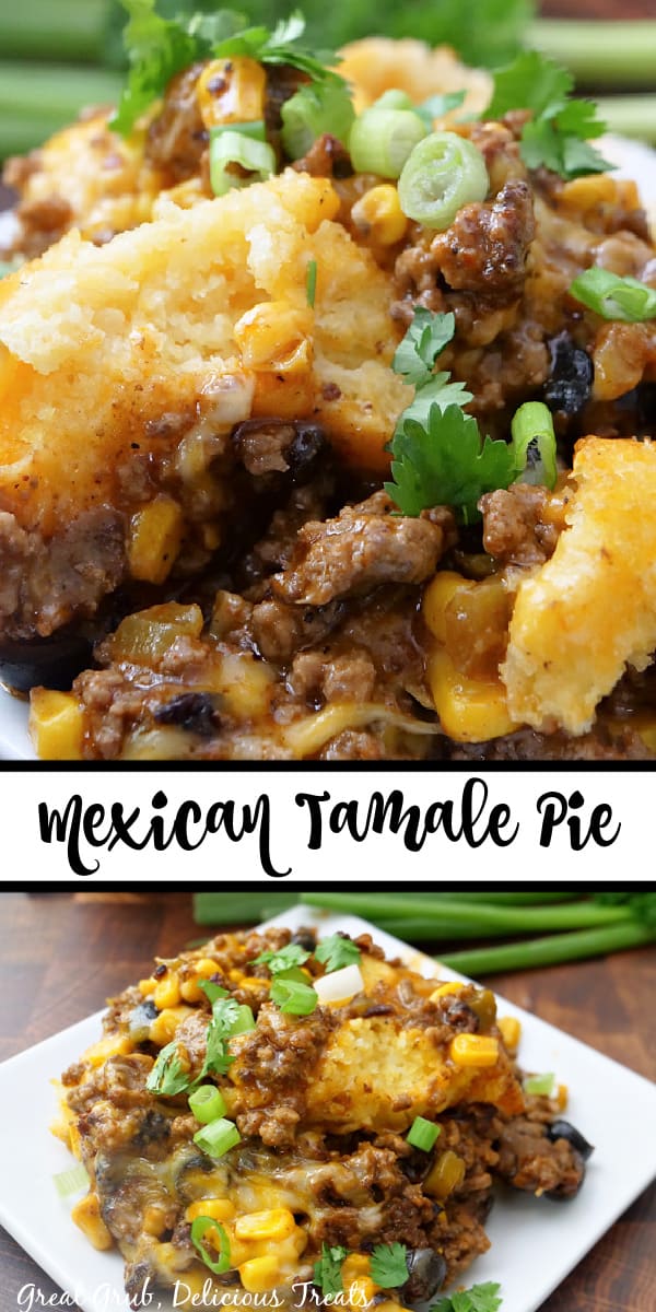 A double collage photo of tamale pie on a white plate.