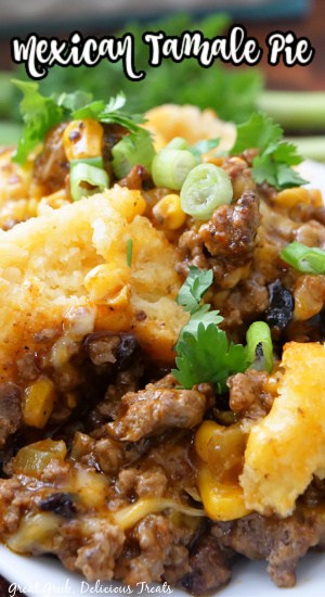 A close up of a serving of tamale pie on it.