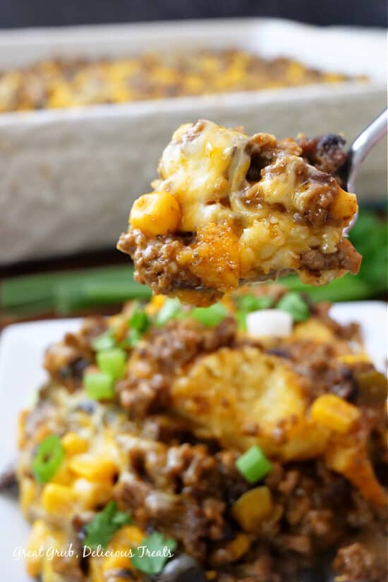 A close up photo of a spoonful of tamale pie on it.