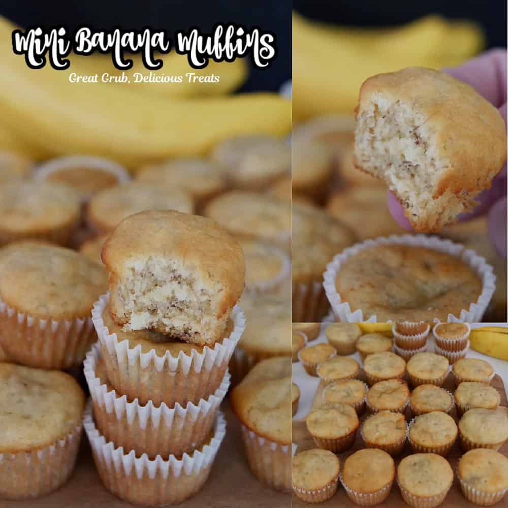 A three collage photo of mini banana muffins with the title of the recipe in text at the top.