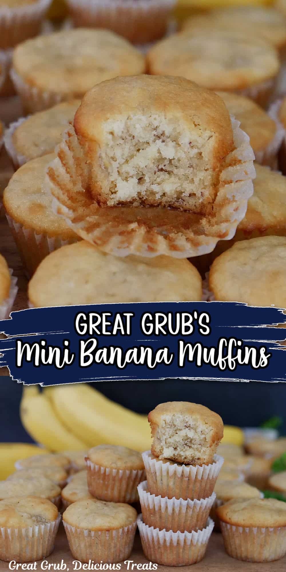 A double collage photo of mini banana muffins with the title of the recipe in text between the two photos.