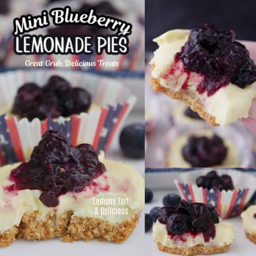 A three collage photo of mini blueberry lemonade pies with the title of the recipe at the top.