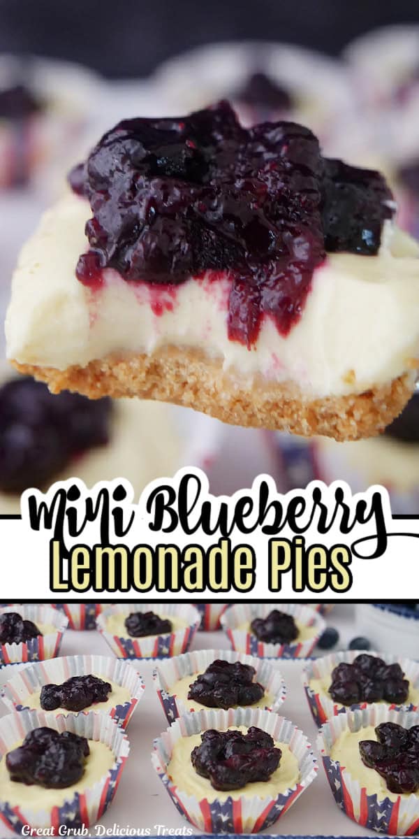 A double collate photo of mini blueberry lemonade pies with the title in text in between the two photos.