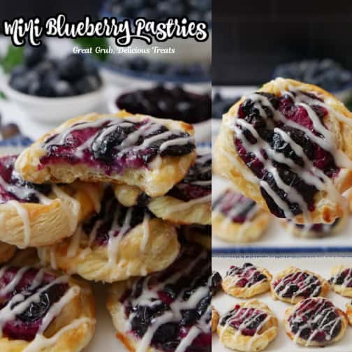 A three collage photo of mini blueberry pastries.