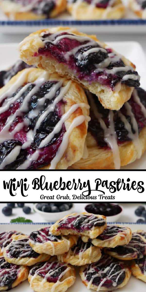 A double collage photo of bite-size blueberry pastries.