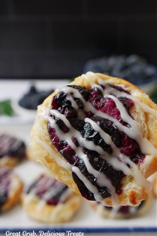 A close up of a mini pastry filled with cream cheese and blueberries.