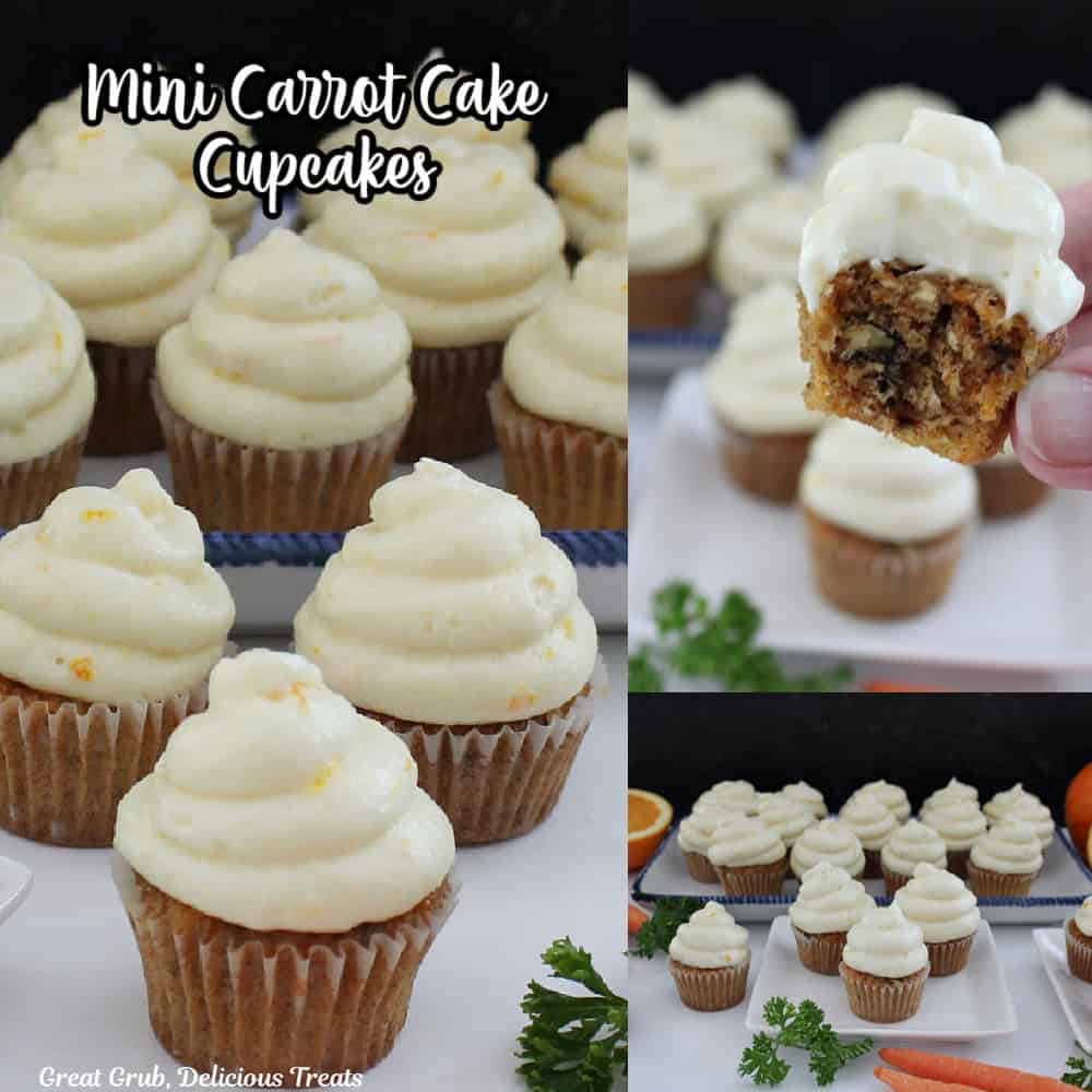A three photo collage of mini cupcakes with frosting on them and the title of the recipe at the top.