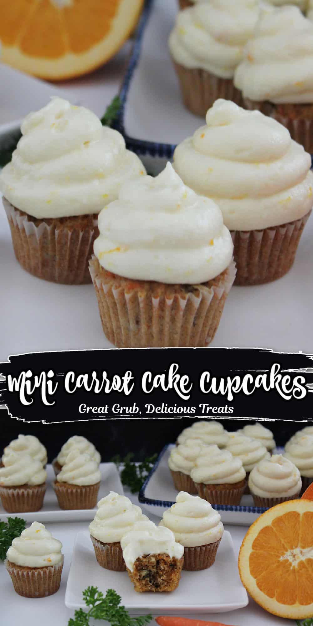 A double collage photo of mini carrot cake cupcakes with frosting on top with the title of the recipe between the two photos.