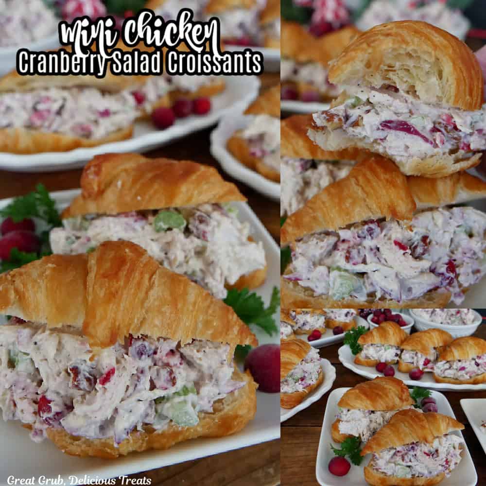 Three photos of chicken cranberry salad in mini croissants with the title overlay at the top.