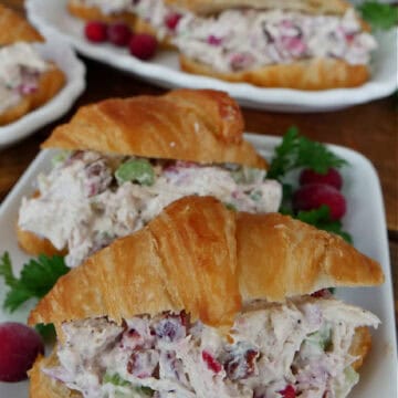 A few white plates with mini croissants with cranberry chicken salad in them.