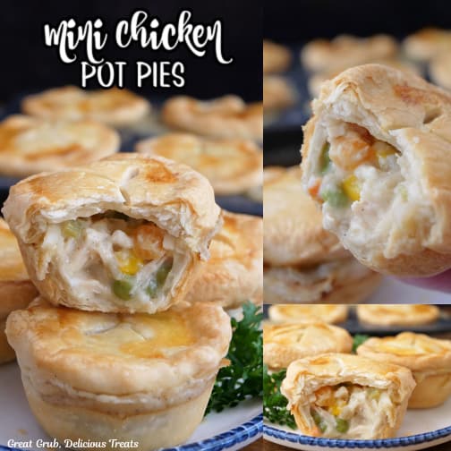 A three collage photo of mini chicken pot pies.