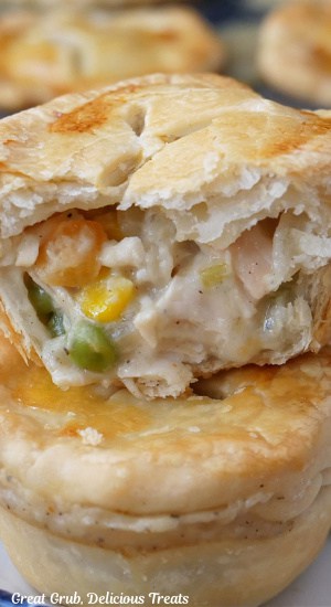 A close up of two mini pot pies with a bite taken out of one.