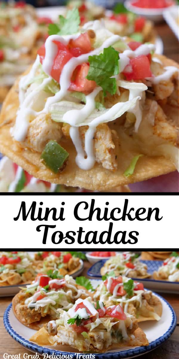 A double collage photo of mini chicken tostadas.