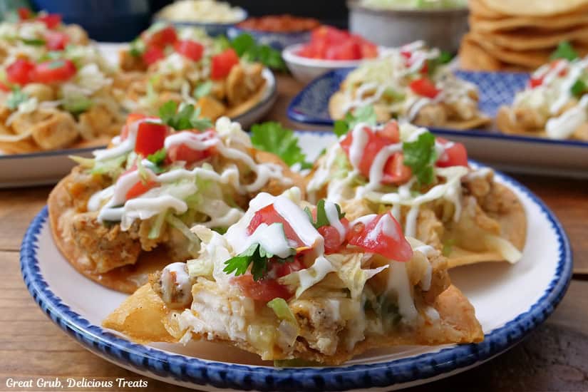A horizontal photo of mini chicken tostadas on white plates with blue trim.