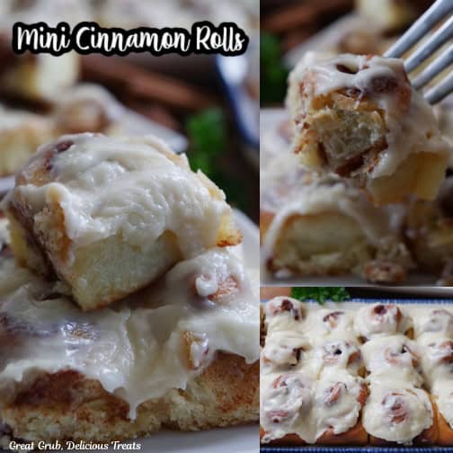 A three collage photo of mini cinnamon rolls with cream cheese icing on top, and the title of the recipe in text at the top of the photo.