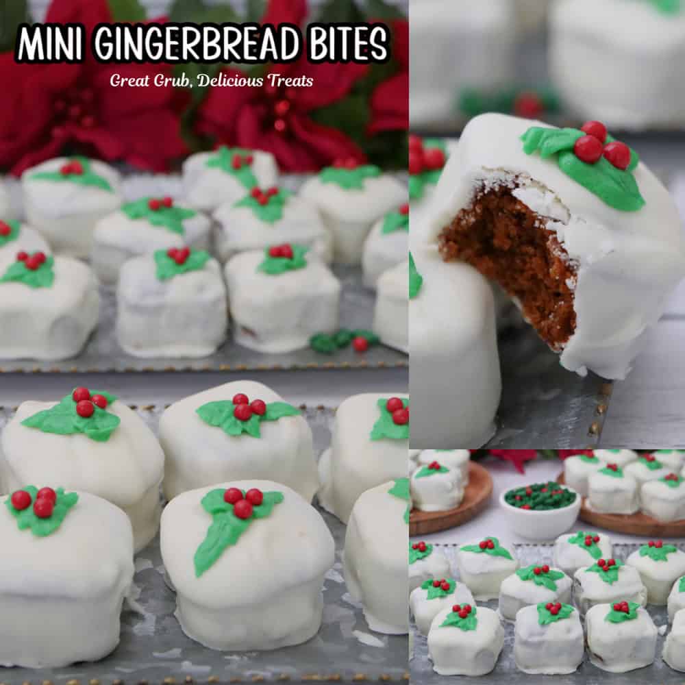 Three photo collage of mini gingerbread bites covered in white chocolate with the title overlay at the top.