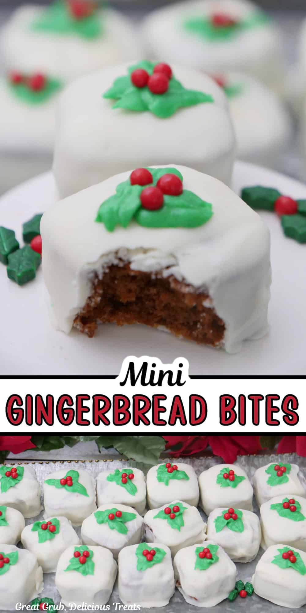 Two photos of mini gingerbread bites with the title overlay int he center.