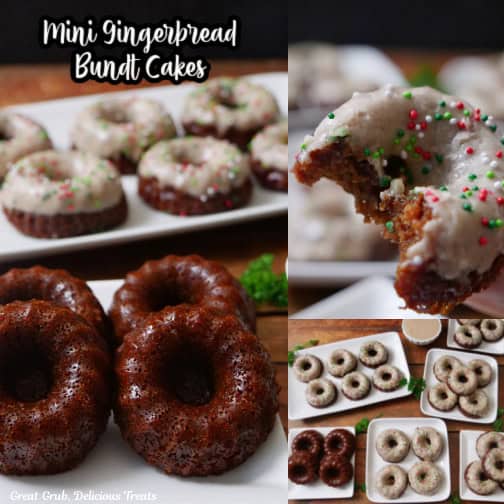 A three collage photo of mini gingerbread bundt cakes with icing and candy sprinkles on top.
