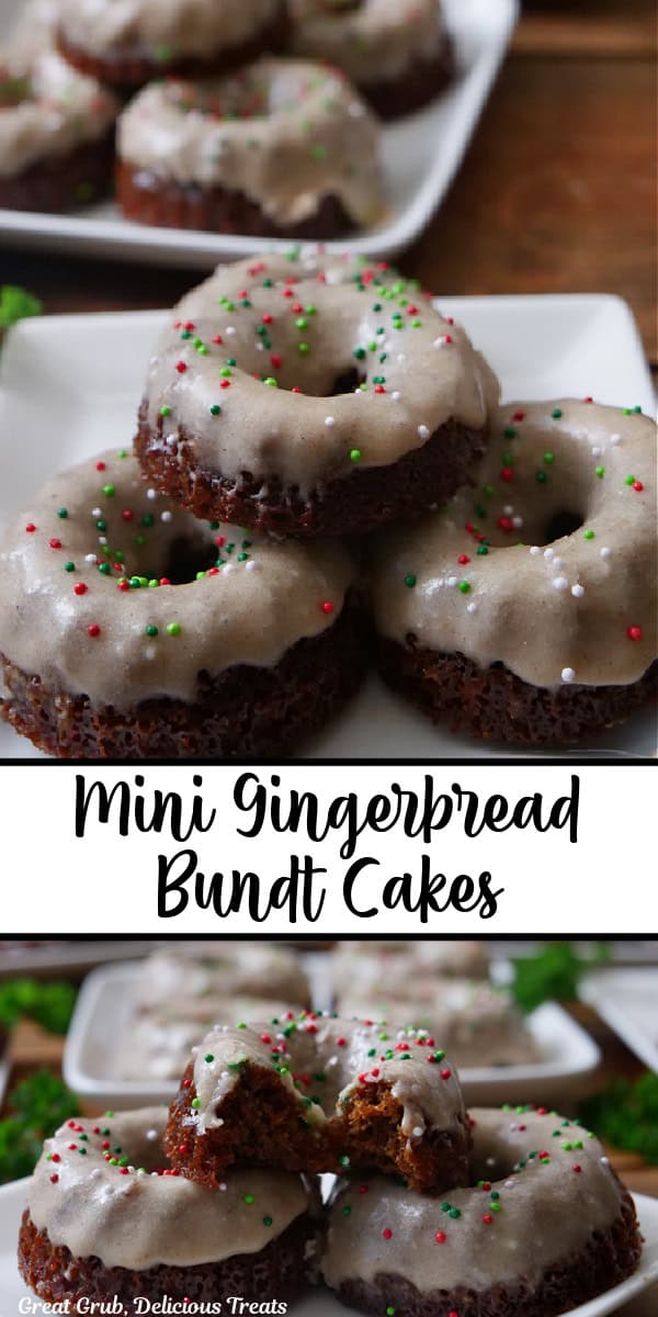 A double collage photo of mini gingerbread bundt cakes with honey vanilla icing on top.