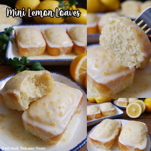 A three collage photo of mini lemon loaves on white plates with blue trim.