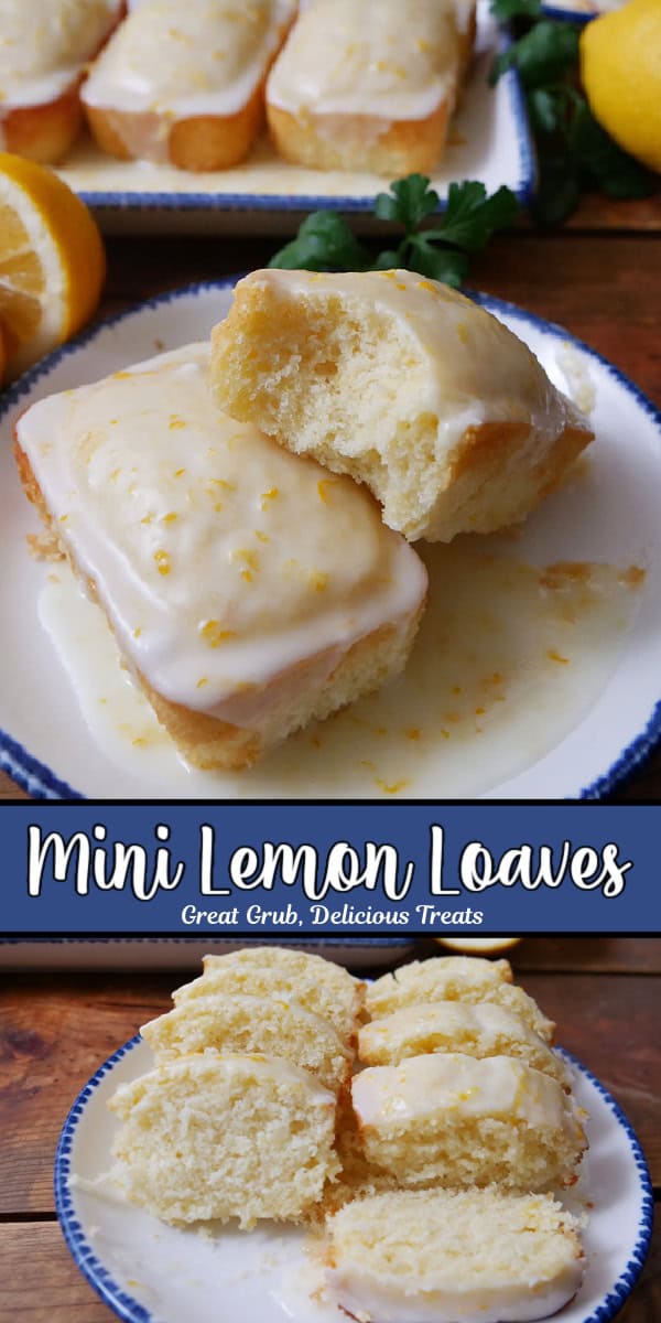 Two mini lemon loaves on a white plate with blue trim and a bite taken out of one of the loaves.