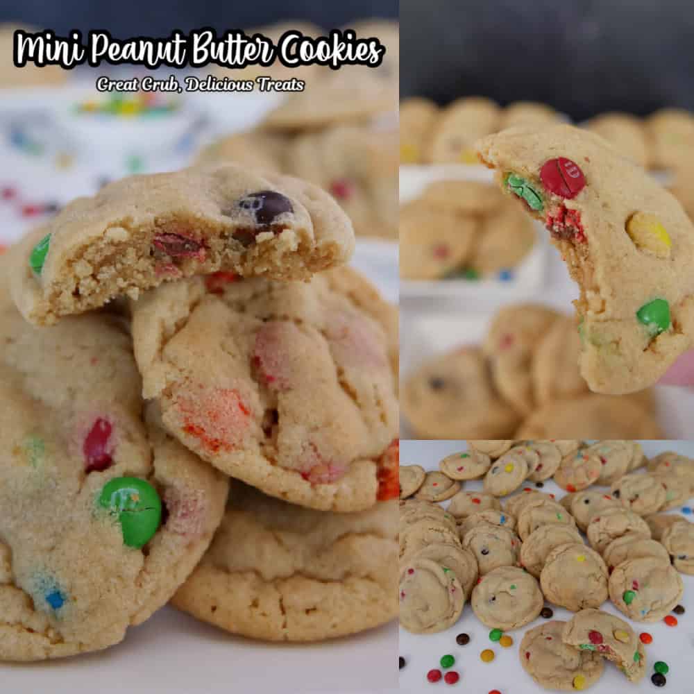 A three collage photo of mini peanut butter cookies with the title of the recipe in text at the top.