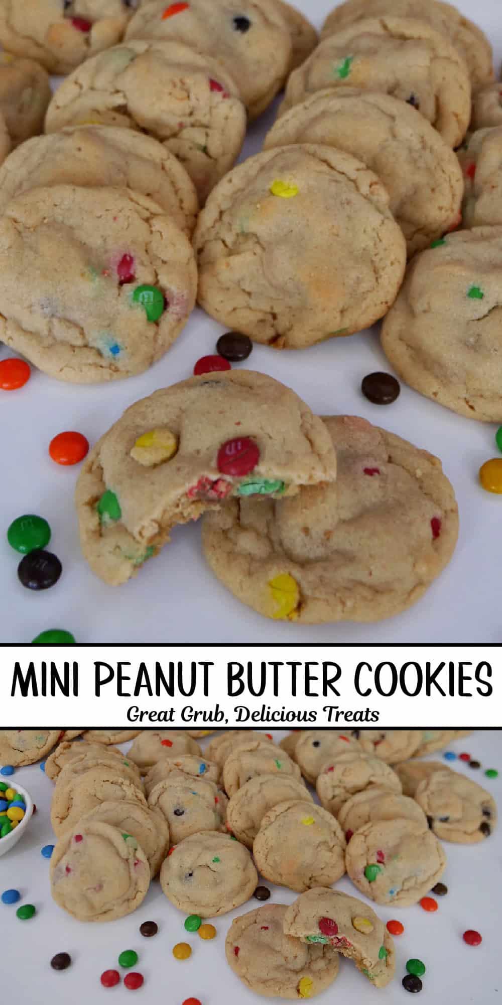 A double collage photo of peanut butter cookies with mini M&Ms in them.